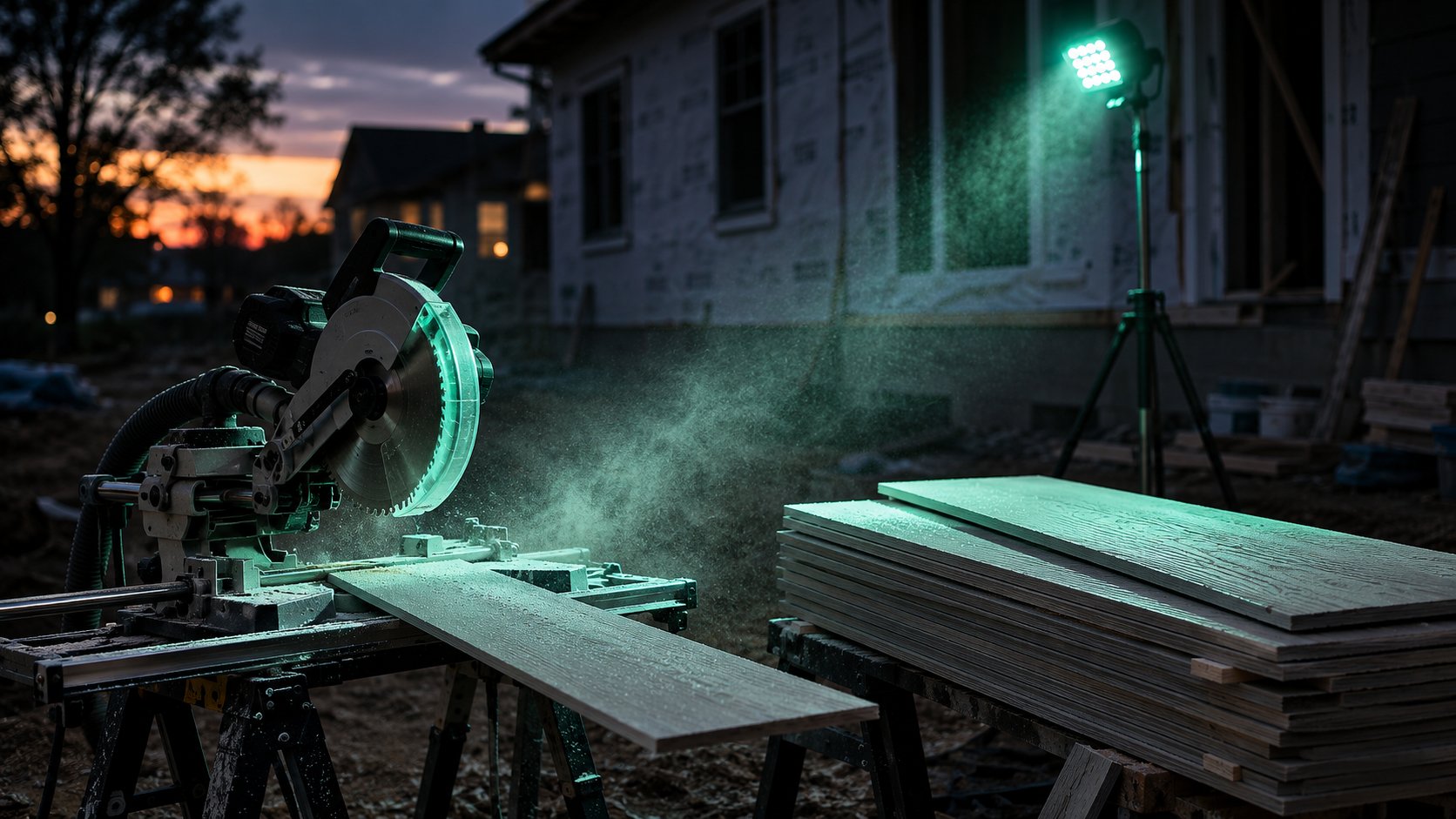 A miter-saw cutting station at a dusk jobsite beside a stack of fiber-cement siding