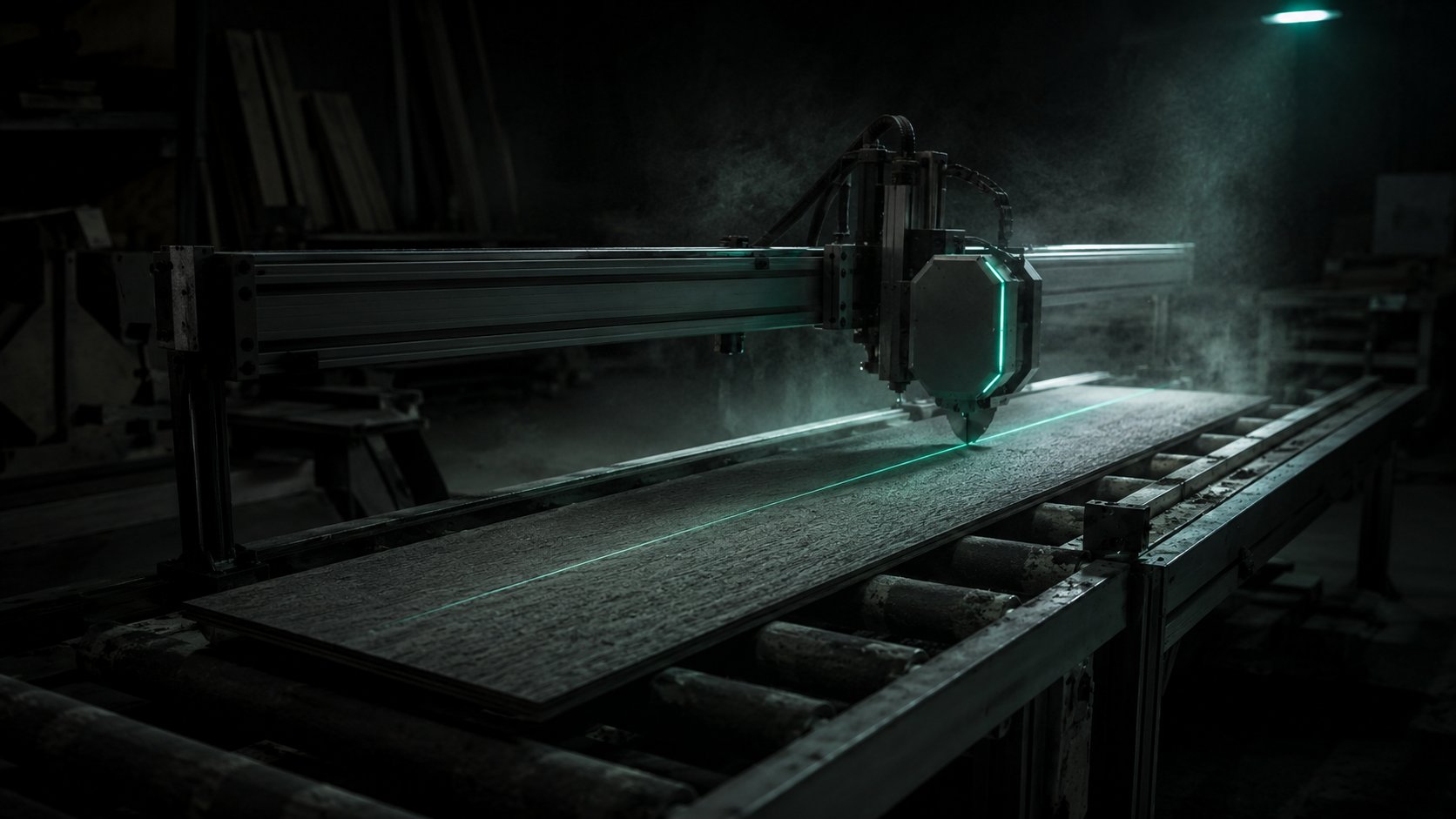 Concept: an automated gantry cutter over a conveyor bed holding a fiber-cement plank, a mint laser line marking the cut